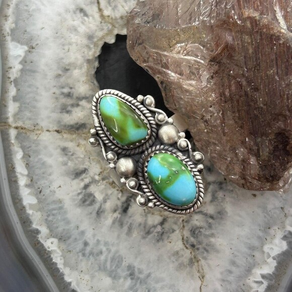 Sterling Southwestern Style 2 Sonora Gold Turquoise Adjustable Ring For Women #6 - Picture 2 of 10